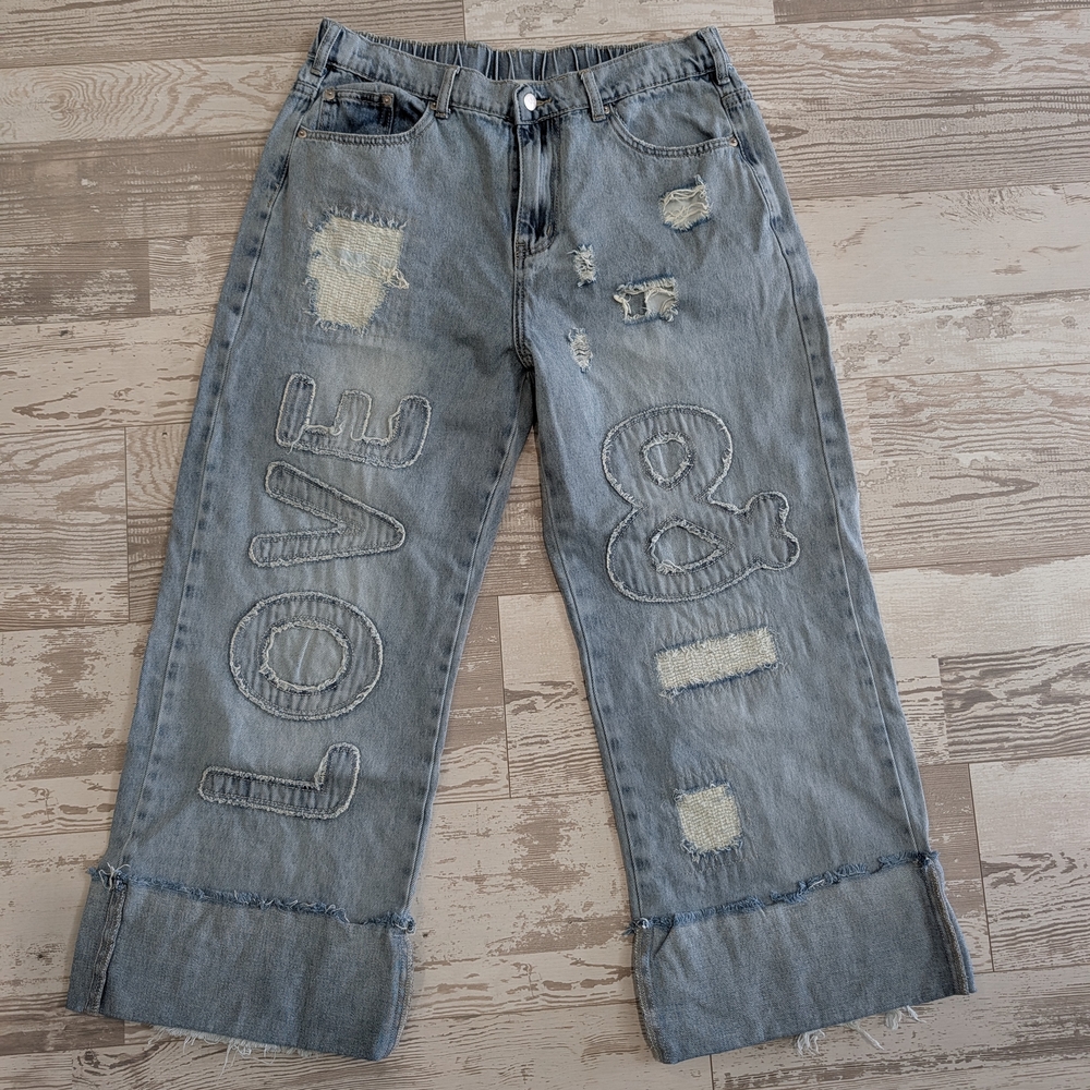 Distressed Jeans with Love & Peace Patchwork